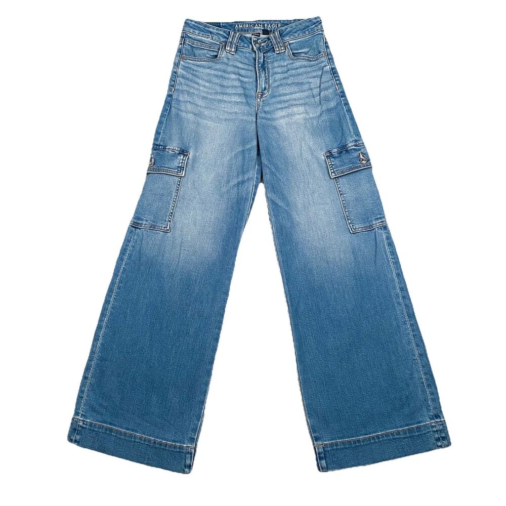 American Eagle Jeans Womens 2 27x30 Blue Super High-Rise Baggy Wide Leg Cargo